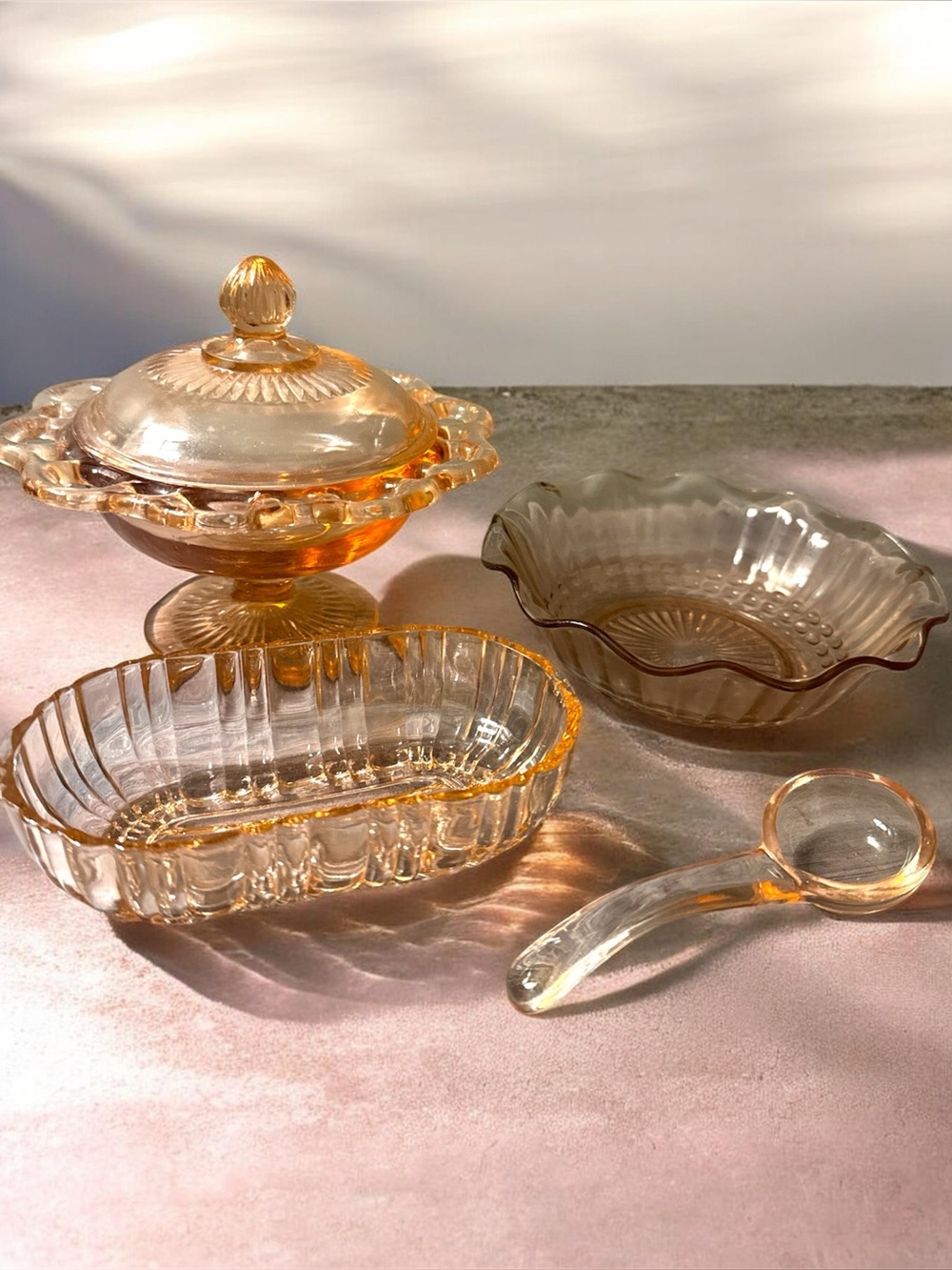 Unique Pink Depression Glass 4 piece Serve-ware Covered Bowl, Dish & Ladle